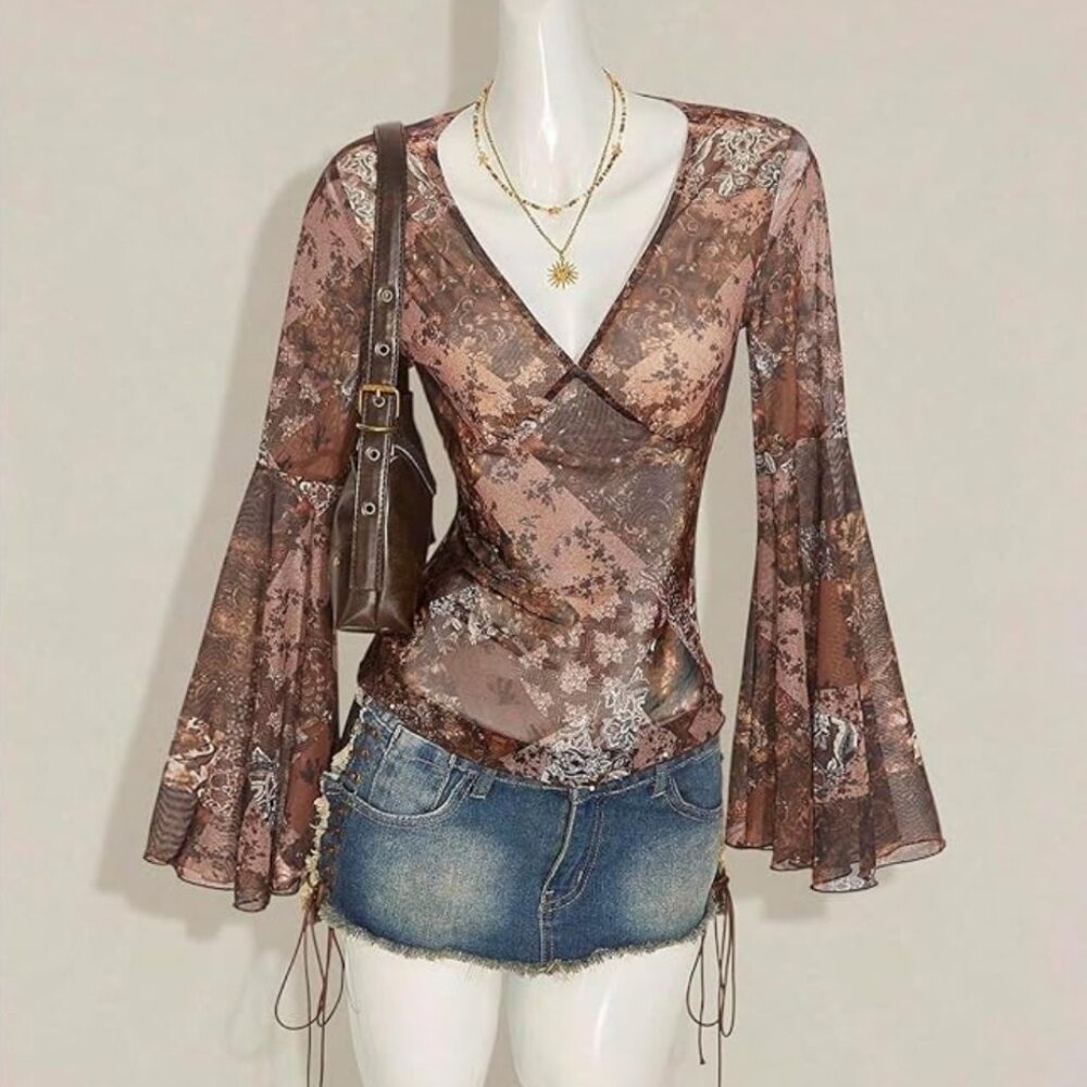 Sheer Paisley/70s bell-sleeve top - NWOT | sz S - Picture 2 of 3
